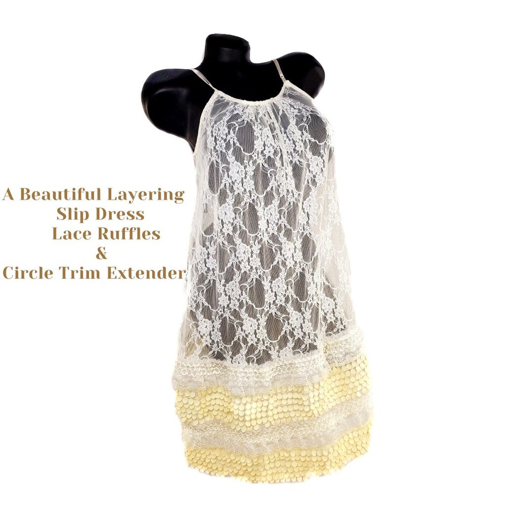 Cream Lace Tank Slip Dress with Lace Ruffles & Circle Trim Extender. - Picture 5 of 5